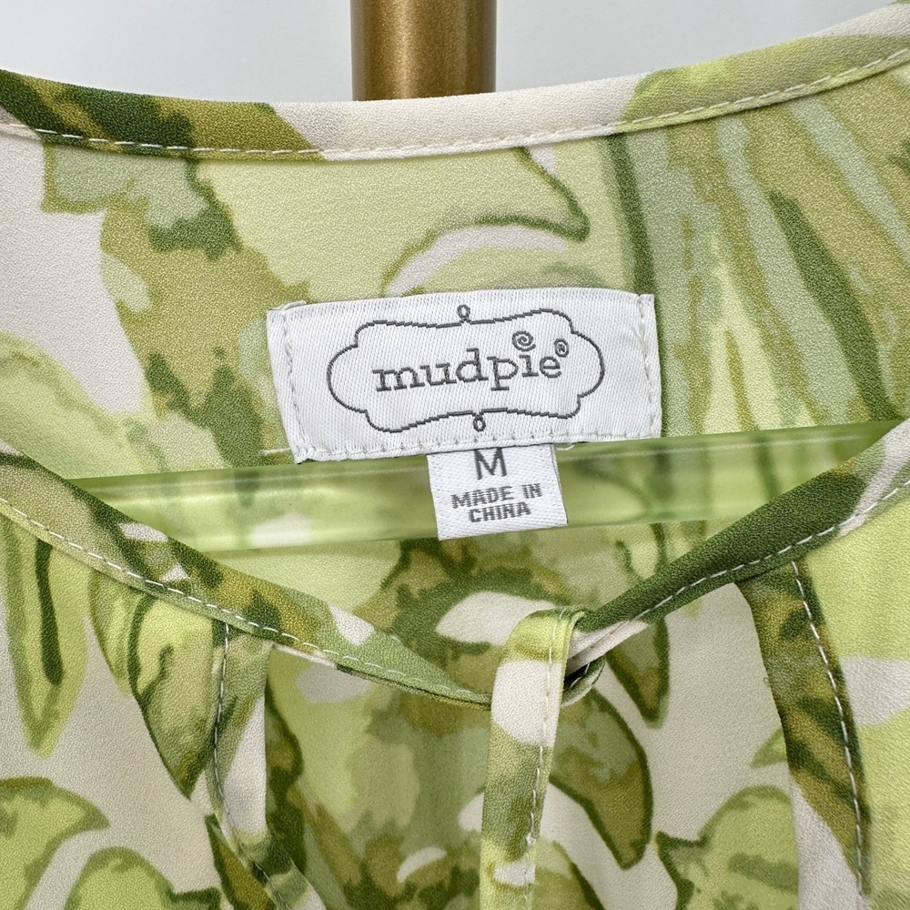 Mud Pie Palm Leaf Dress M Smocked Waist Ruffle Tiered Green/White Coastal Vacay - Picture 5 of 9